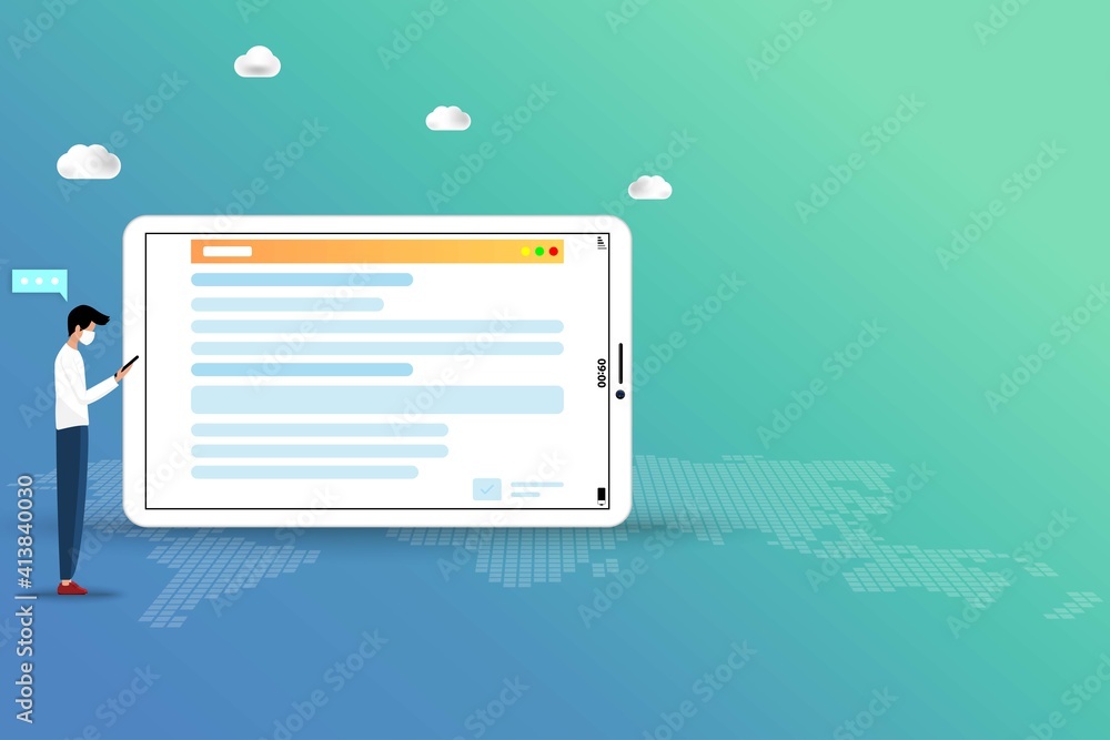 Fototapete online application concept, young man is searching in the internet by using tablet to find a course 