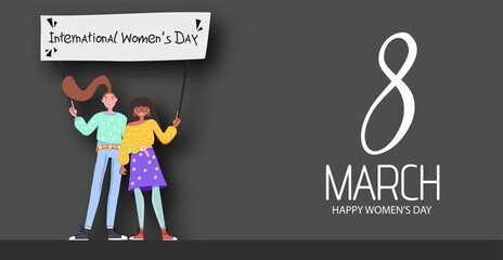 
International Womens Day.  8 March Vector illustration with women different nationalities of two happy smiling diverse women standing together.  
