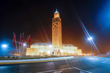 Illuminated Grand mosque in Casablanca at night