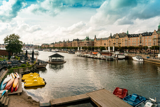 View of Stranv&auml;gen and Djurgarden island with boats in summer