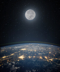 Full moon. and planet Earth against the background of the starry night sky. Space background with...