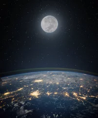 Fotobehang Volle maan. en planeet aarde tegen de achtergrond van de sterrenhemel. Ruimteachtergrond met aarde en satellietmaan. Elementen van deze afbeelding geleverd door NASA. © Tryfonov