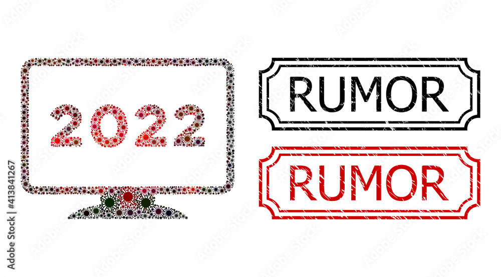 Poster collage 2022 display designed from covid items, and grunge rumor rectangle seals with notches. vecto