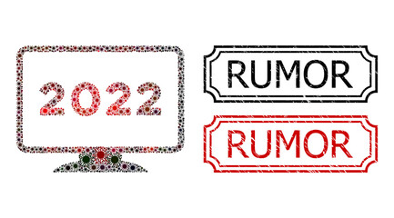 Collage 2022 display designed from covid items, and grunge Rumor rectangle seals with notches. Vector infection items are composed into abstract mosaic 2022 display icon with red - black gradient.