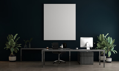 The Mock up canvas frame and furniture design in modern working space interior and blue  background, working station, Scandinavian style, 3D render, 3D illustration 
