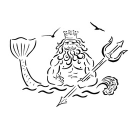 Poseidon with a trident line. Vector illustration