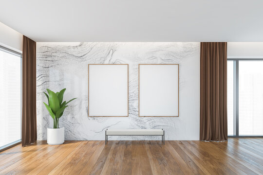 Mockup Frames In Wooden And White Marble Living Room With Bench On Parquet Floor