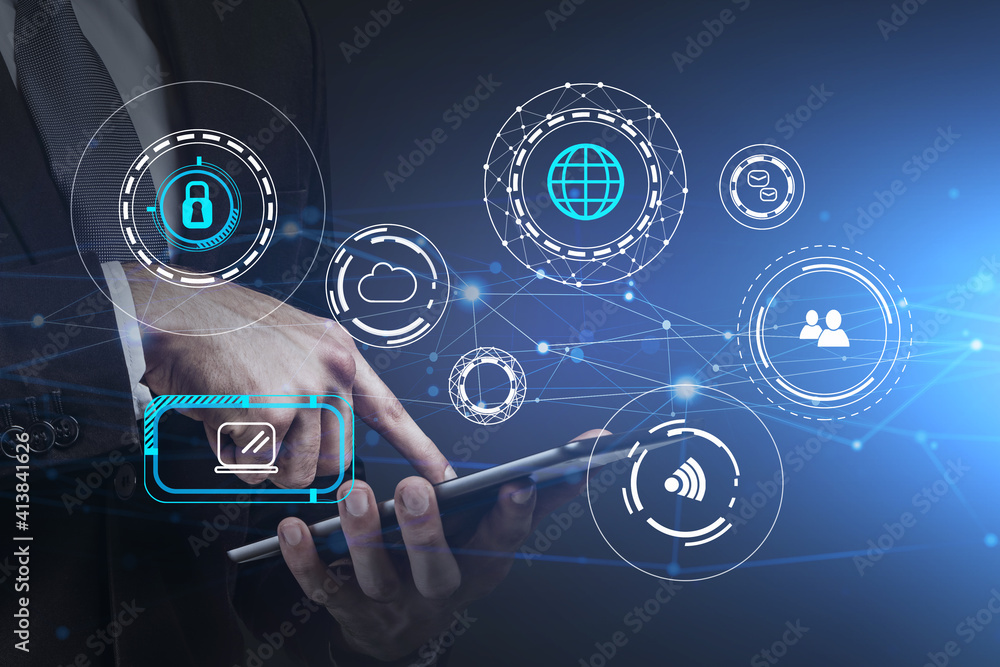 Poster side view of businessman working with tablet computer. social media and information security hud ico