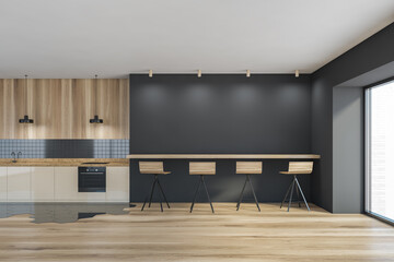 Modern kitchen interior with copy space on grey wall, wooden countertops with a built in cooker. mock up.