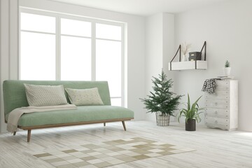 White living room with sofa. Scandinavian interior design. 3D illustration