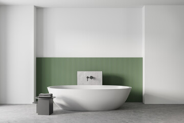 White and green bathroom with white bathtub, marble floor and white wall