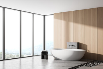 Naklejka na ściany i meble Wooden light bathroom with bathtub and towels near window