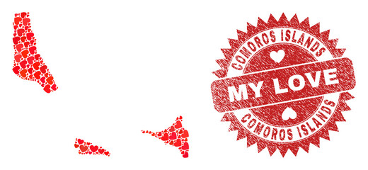 Vector mosaic Comoros Islands map of valentine heart elements and grunge My Love seal stamp. Mosaic geographic Comoros Islands map created using valentine hearts.