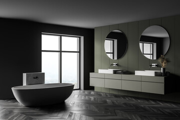 Grey and green bathroom with white bathtub, mirrors and parquet floor