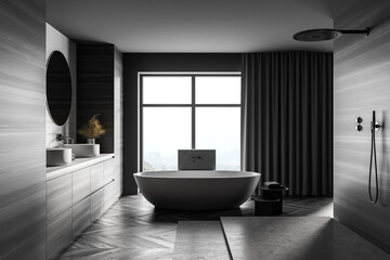 Wooden grey bathroom with white bathtub, shower and sinks near window