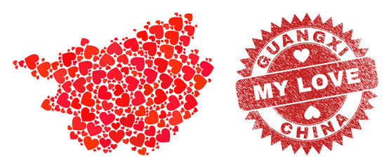 Vector mosaic Guangxi Province map of love heart items and grunge My Love seal. Collage geographic Guangxi Province map designed with valentine hearts.