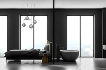 Naklejka na ściany i meble Grey living room with bed and bathtub on marble floor near window
