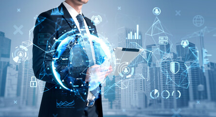 Young businessman double exposure with earth globe hologram