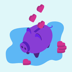 Pink piggy bank with falling hearts. Isometric colored illustration of money box. 