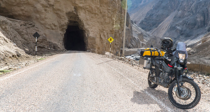 Touring motorbike in Can del Pato, Casca, Ancash, Peru, South America