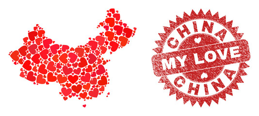 Vector collage China map of valentine heart elements and grunge My Love badge. Collage geographic China map created with valentine hearts.