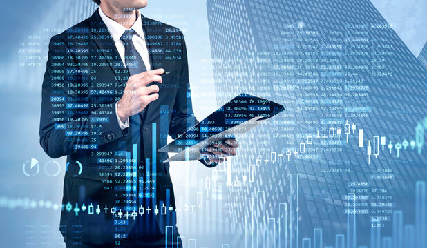 A financial analyst is making notes and trying to settle a new strategy to beat the market and achieve exceptional financial results. Double exposure. low angle downtown.