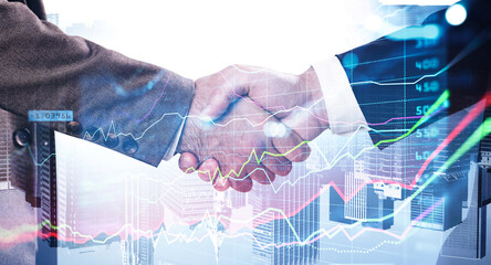 Double exposure of businessman handshake on stock market graph background and New York downtown. Concept financial transaction and deal processing.