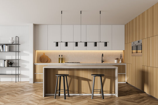 Wooden Kitchen Room With Dining Table And Chairs, Marble Floor