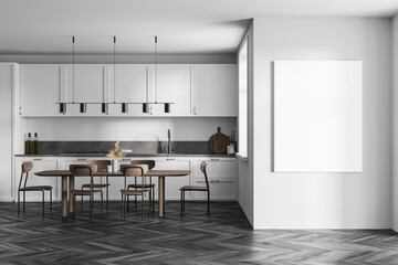 Mockup frame in light kitchen with eating table and chairs