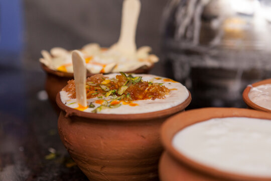 Lassi in clay cups a yogurt-based drink typical from India