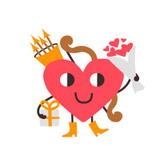 Vector illustration of a red smiling heart on a white background. Art design for congratulations and cards for Valentines Day, web, poster, flyer, brochure, print. Funny cupid with gifts and flowers