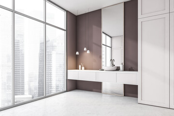 Corner of white bathroom with sink, mirror and window with city. Minimalist design of modern bathroom with concrete floor and shelves.