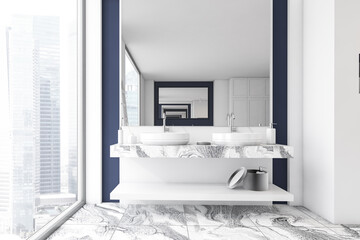 White grey bathroom interior with a marble floor, a double sink. City view from window.