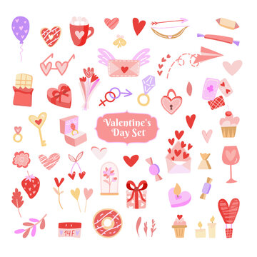 Valentine's Day set. Heart, gifts, flowers, bra, sweets. Fall in love. Template for stickers, congratulations, scrapbooking, congratulations, invitations, planners. Vector illustration