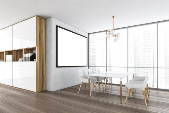 Mockup frame in white and wooden office room near window on parquet
