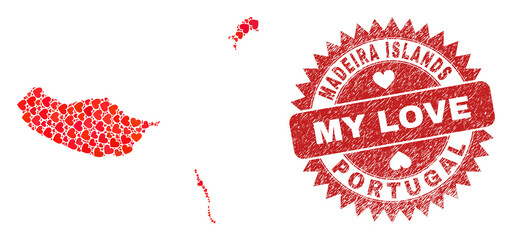Vector mosaic Madeira Islands map of valentine heart elements and grunge My Love stamp. Mosaic geographic Madeira Islands map created using valentine hearts.