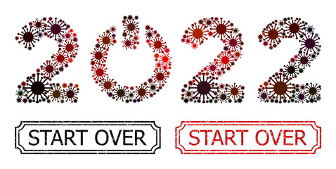 Collage start 2022 caption constructed from flu virus elements, and grunge Start Over rectangle stamps with notches.