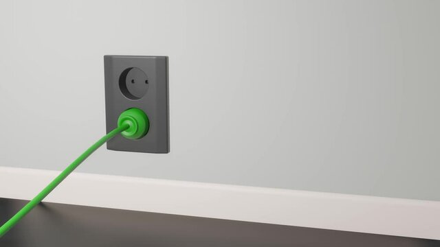 Green energy concept animation of connecting wall plug to power socket. 3D rendering motion animation with copy space.