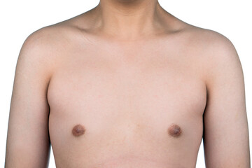 Young boy with no shirt or not wearing shirt. Portrait of shirtless young man isolated on white studio background.