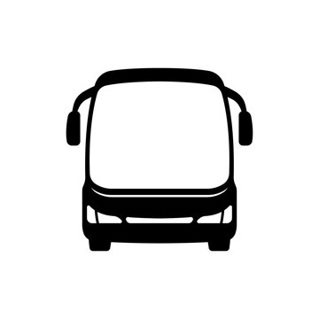 recommend clip art: Bus icon. Tourist passenger transport. Front view. Black silhouette. Vector flat graphic illustration. The isolated object on a white background. Isolate.