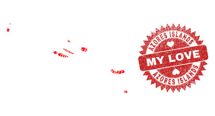 Vector mosaic Azores Islands map of valentine heart elements and grunge My Love seal stamp. Mosaic geographic Azores Islands map created with valentine hearts.