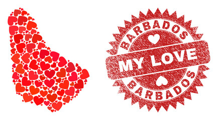 Vector mosaic Barbados map of love heart elements and grunge My Love stamp. Mosaic geographic Barbados map created with valentine hearts.