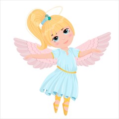 Cute cartoon angel girl in a blue dress. Wings and halo. child dancing ballet dressed as an angel. Vector illustration isolated on white background.