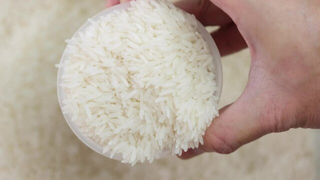 The man's hand was using a measuring cup to pour jasmine rice onto the rice.