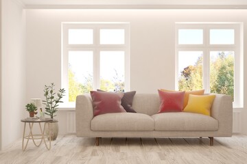 Fototapeta premium White living room with sofa. Scandinavian interior design. 3D illustration