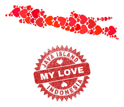 Vector mosaic Java Island map of love heart elements and grunge My Love seal. Mosaic geographic Java Island map designed with valentine hearts.
