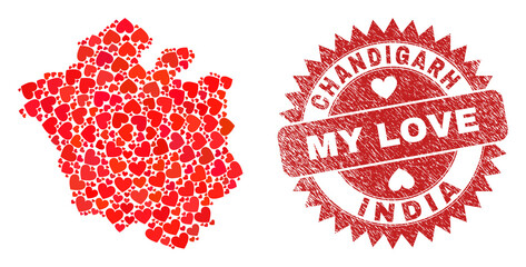 Vector mosaic Chandigarh City map of valentine heart elements and grunge My Love seal. Mosaic geographic Chandigarh City map created with valentine hearts.