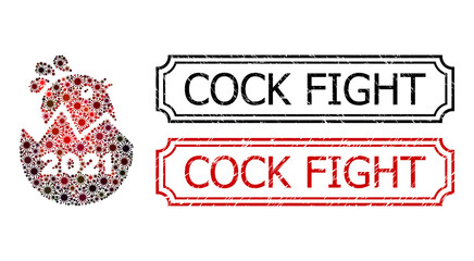 Mosaic 2021 hatch chick organized from SARS virus elements, and grunge Cock Fight rectangle seal stamps with notches. © Aha-Soft