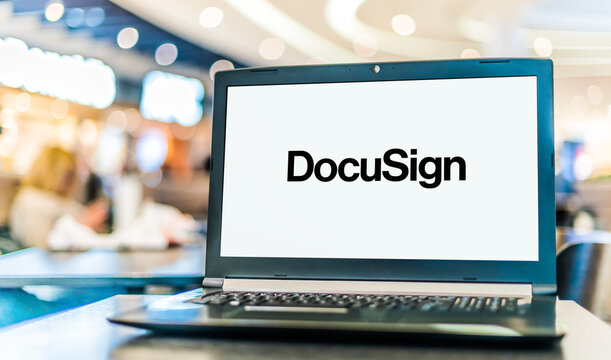 Laptop computer displaying logo of DocuSign