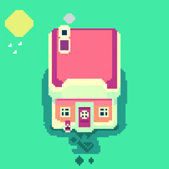 Isolated vector house in pixel art style. Sweet home, top view